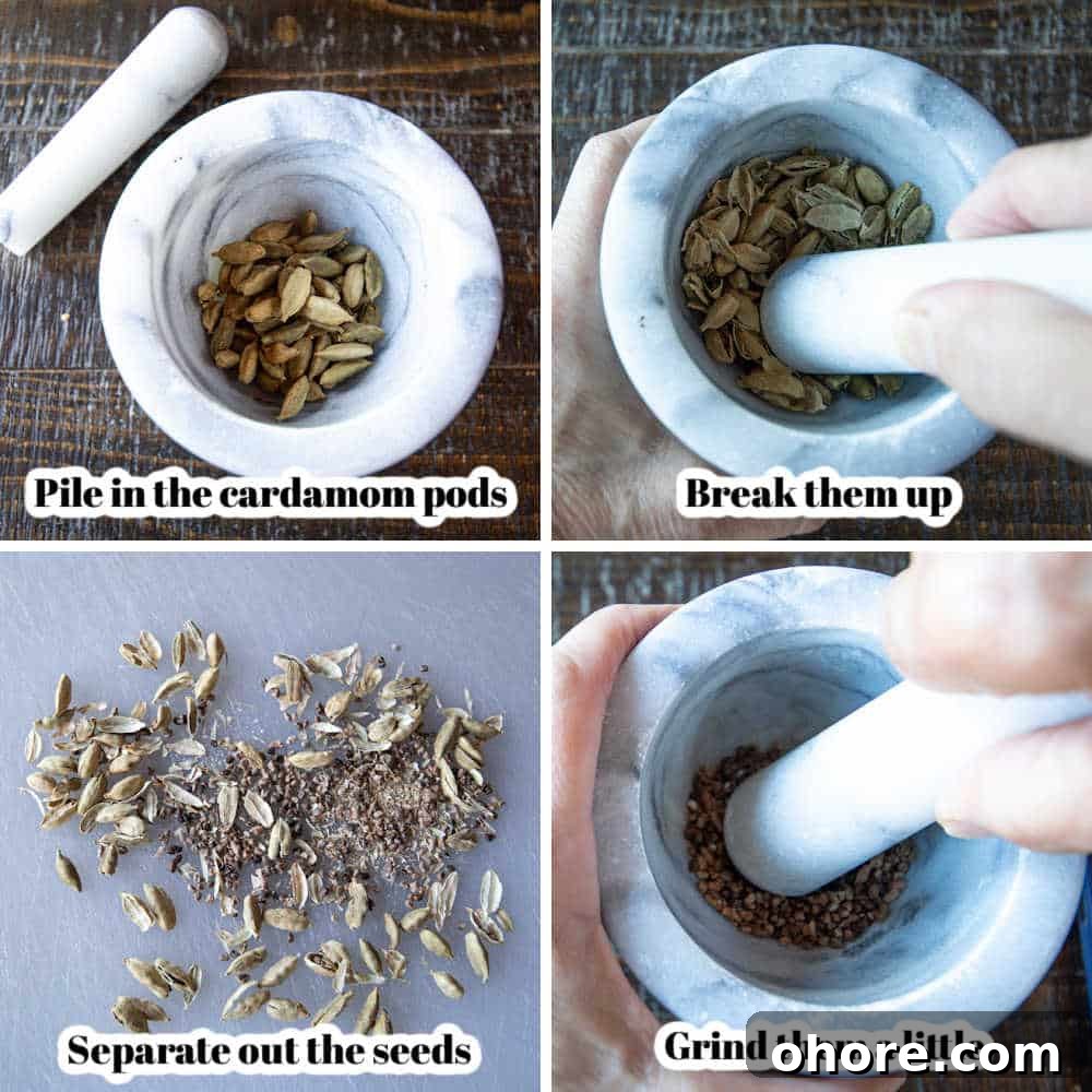 Spiced Fig Jam for Canning: Homemade Preserving Recipe 3 Four process shots showing how to shell cardamom pods.