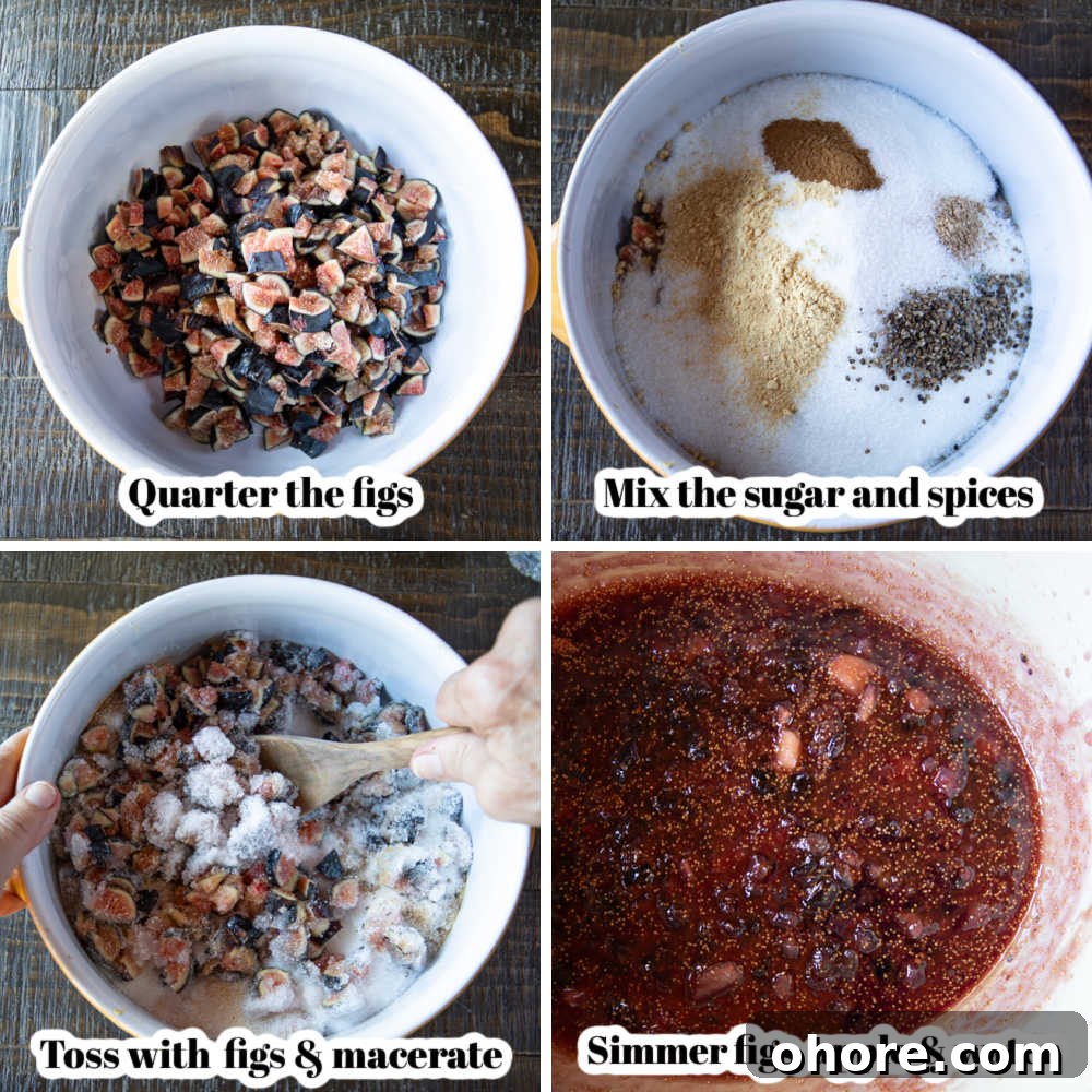 Spiced Fig Jam for Canning: Homemade Preserving Recipe 4 Four process steps for macerating figs and simmer in the pot.