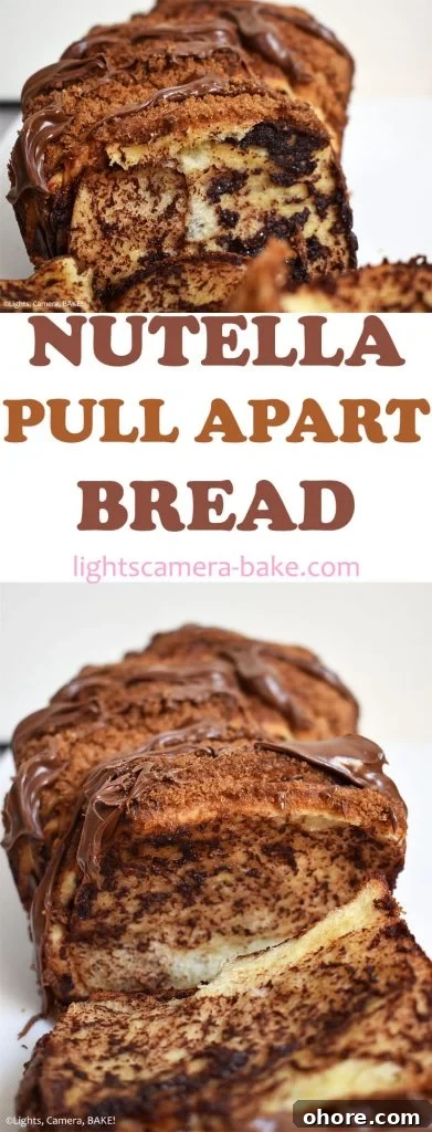 Nutella Pull-Apart Bread Recipe: Gooey Chocolate Hazelnut Loaf 9 Long pinterest image with three images and a title.