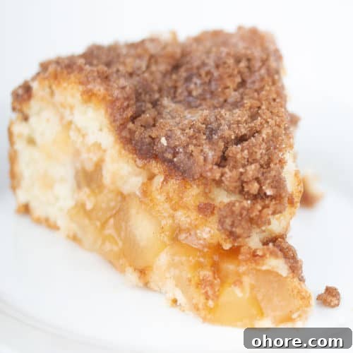 piece of apple cinnamon crumb cake with icing on top on a white plate