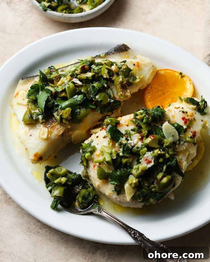 Halibut en Papillote with Green Olive Salsa Verde: Citrus Herb Bake 2 Halibut en Papillote with Green Olive Salsa Verde