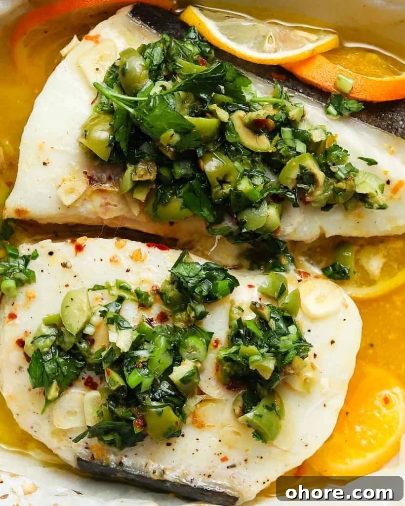 Halibut en Papillote with Green Olive Salsa Verde: Citrus Herb Bake 4 Halibut en Papillote with Green Olive Salsa Verde