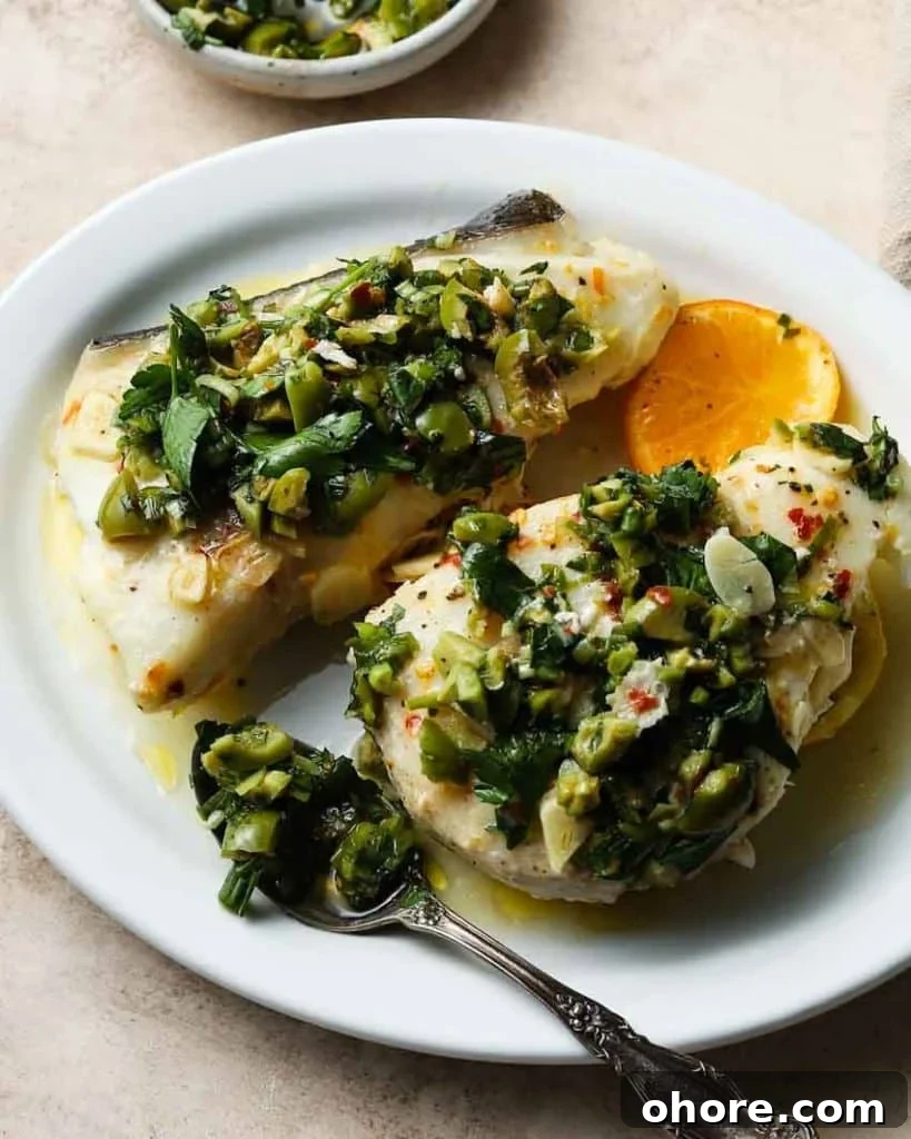 Halibut en Papillote with Green Olive Salsa Verde: Citrus Herb Bake 5 Halibut en Papillote with Green Olive Salsa Verde