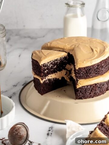 Two layer chocolate cake with frosting and some milk jugs.