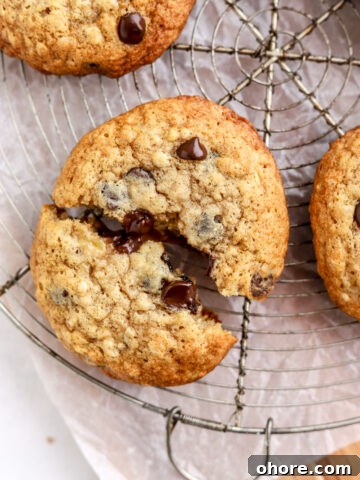 A chocolate chip cookie broken in half on a rack.