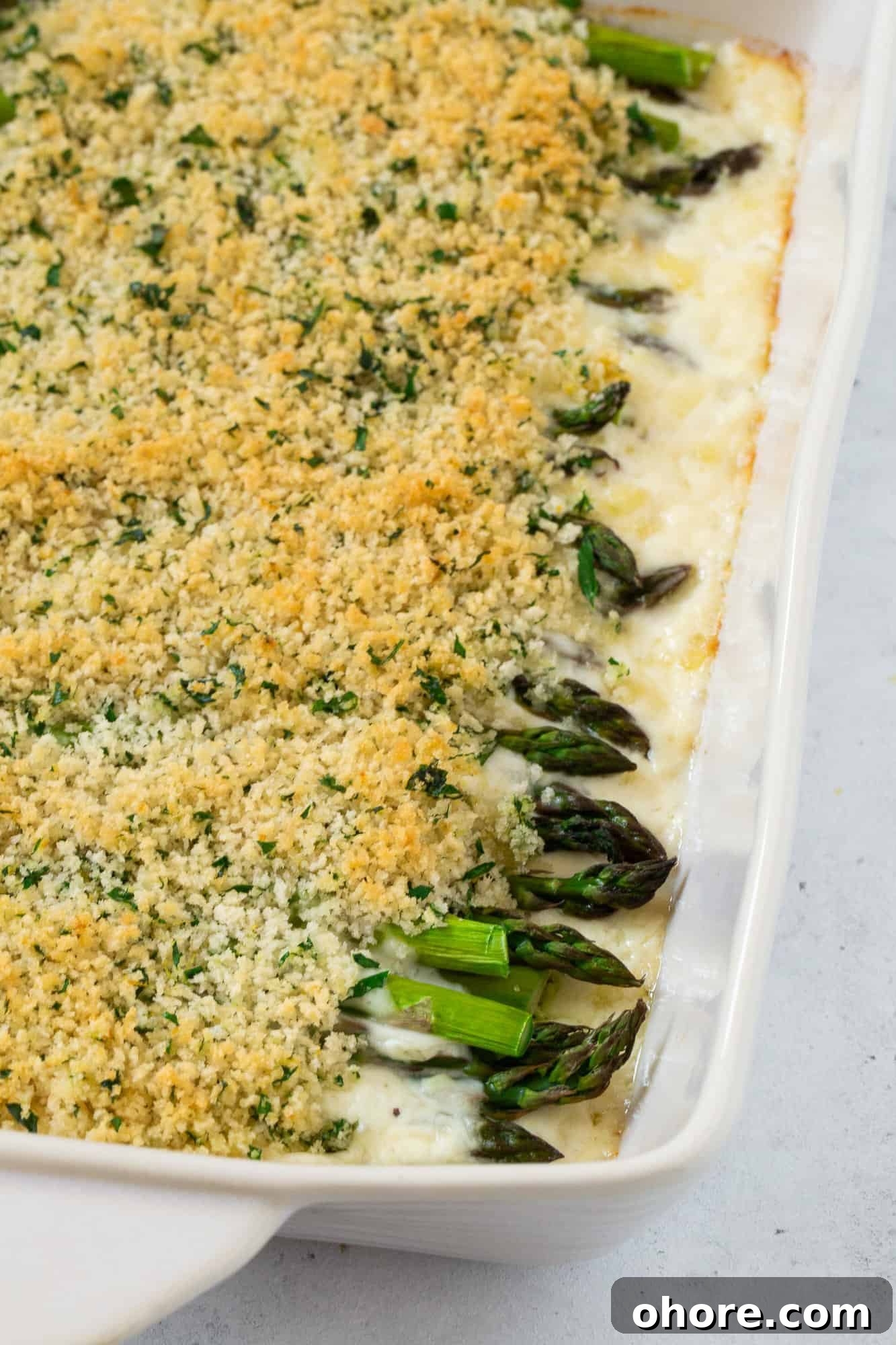Creamy Asparagus Casserole Recipe for Spring Dinner 2 Asparagus casserole topped with golden brown seasoned bread crumbs.