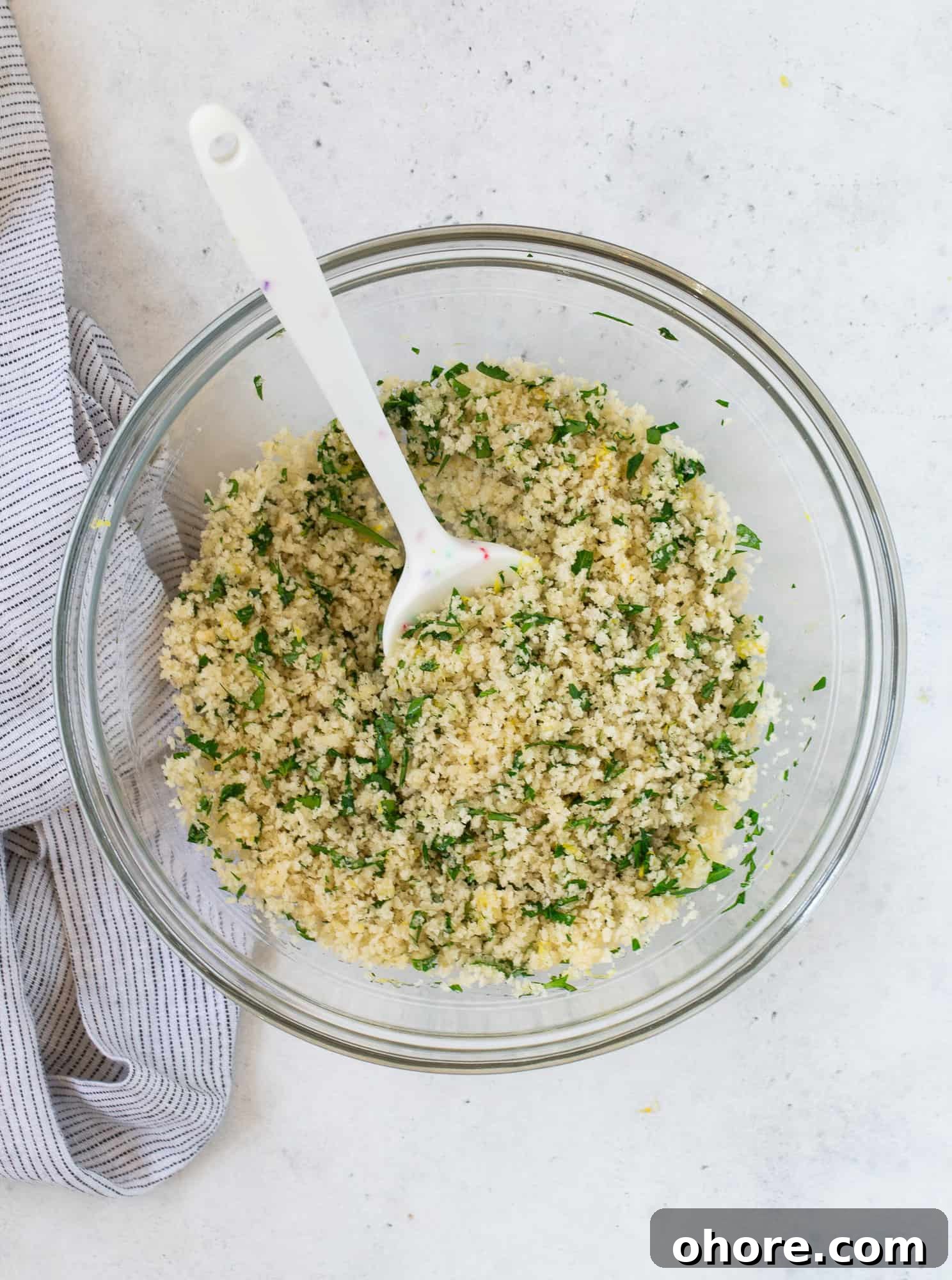 Creamy Asparagus Casserole Recipe for Spring Dinner 14 Ingredients needed for breadcrumb topping, mixed together.