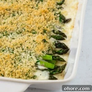 Creamy Asparagus Casserole Recipe for Spring Dinner 18 Asparagus casserole, topped with seasoned bread crumbs.