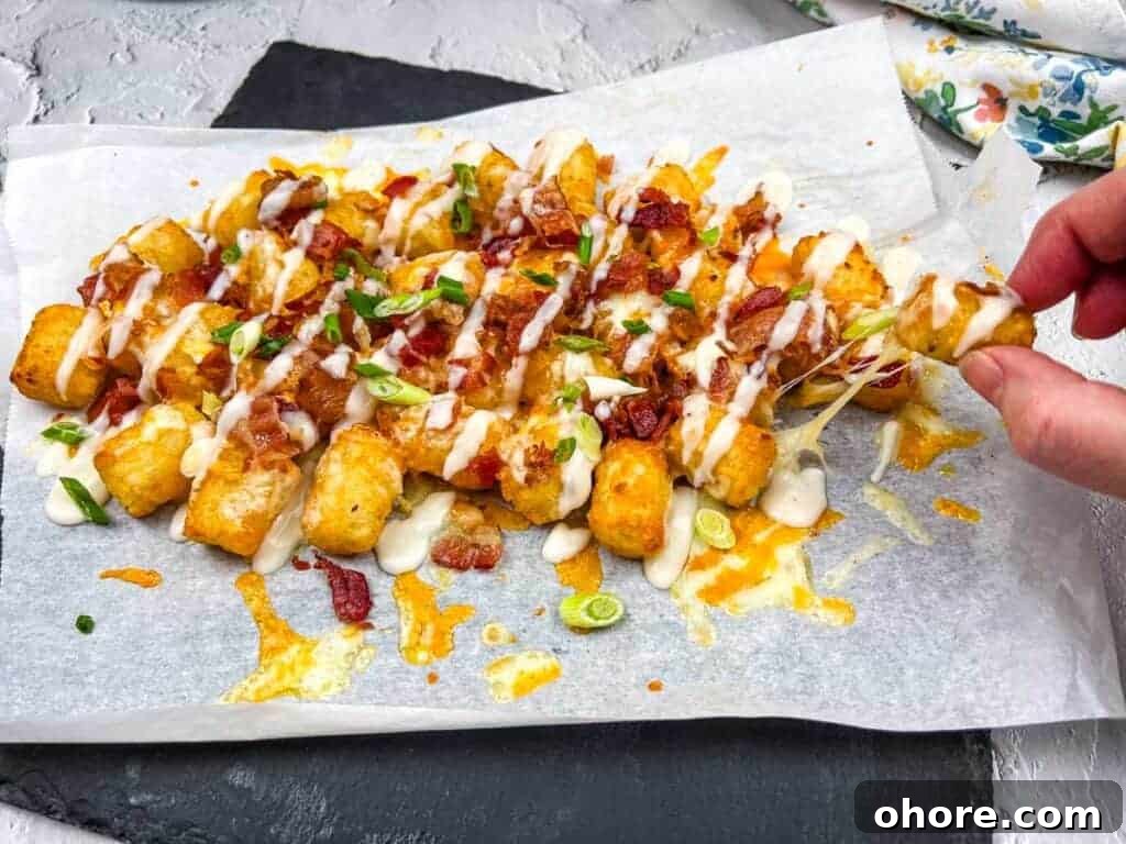 A tray of cheddar bacon loaded tater tots, drizzled with Alfredo sauce, with a hand-picking one up.