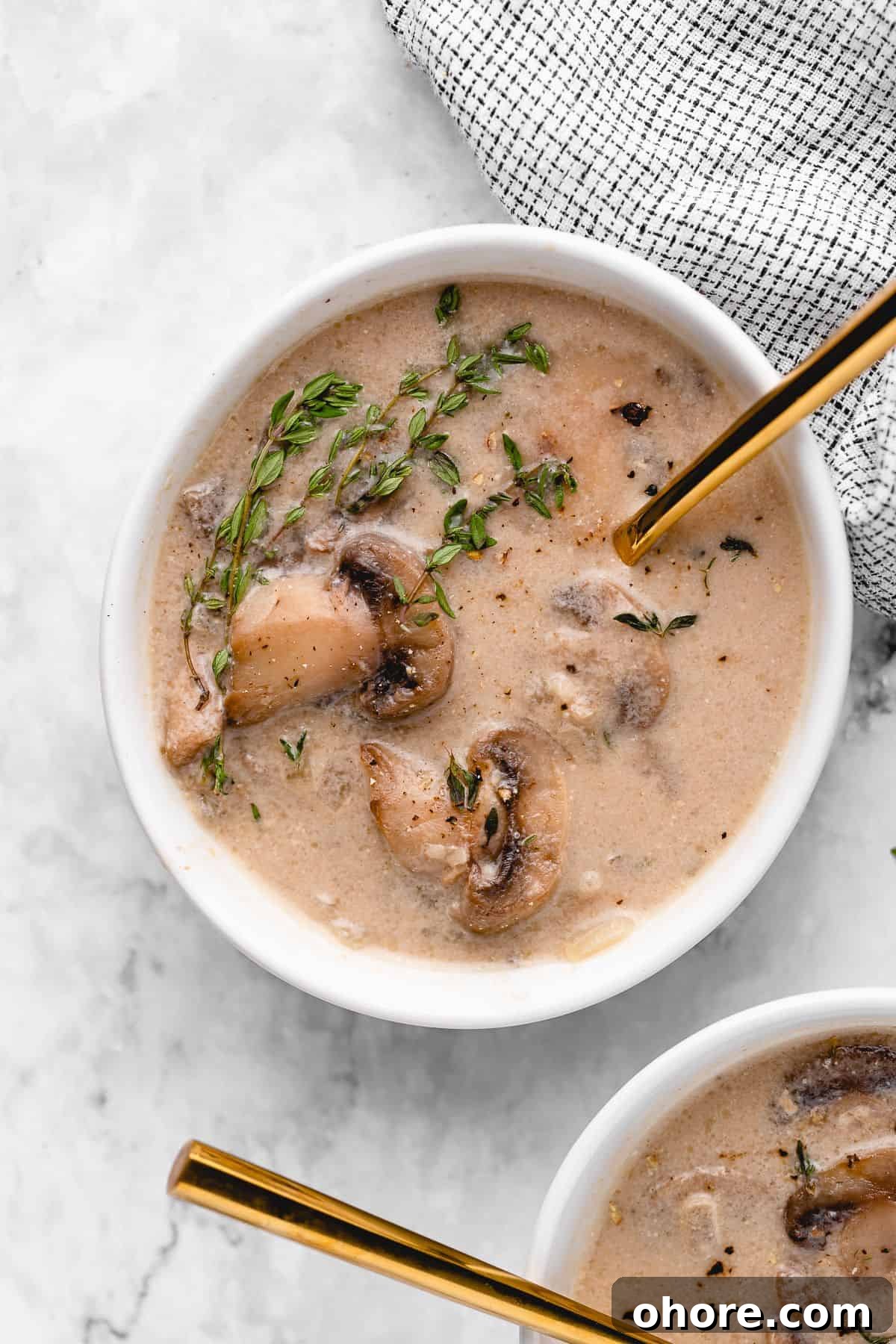 Overhead shot of mushroom soup with a gold spoon