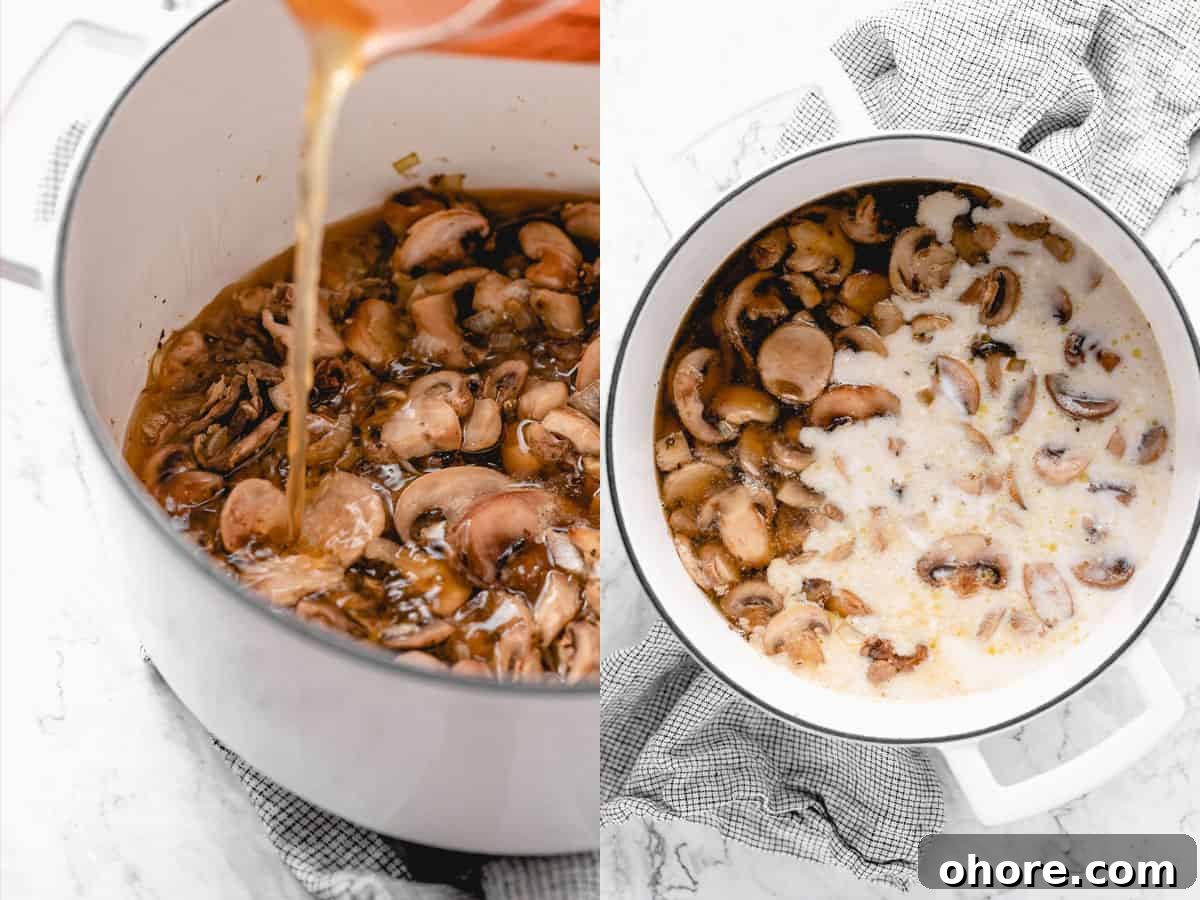 Steps showing pouring vegetable broth and coconut milk into creamy mushroom soup