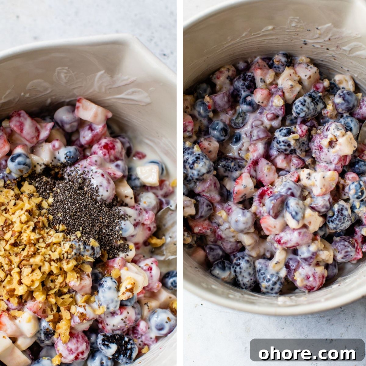 Creamy Greek Yogurt Fruit Salad with Honey and Mint 5 2 images: the left image shows chopped fruit, yogurt dressing, chopped walnuts, and chia seeds added to a large bowl and the right image shows all ingredients mixed together in a large bowl