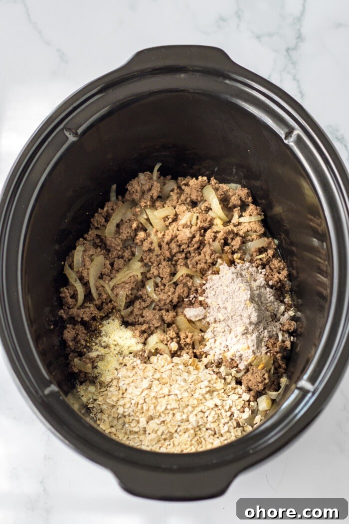Adding the beef and mix.