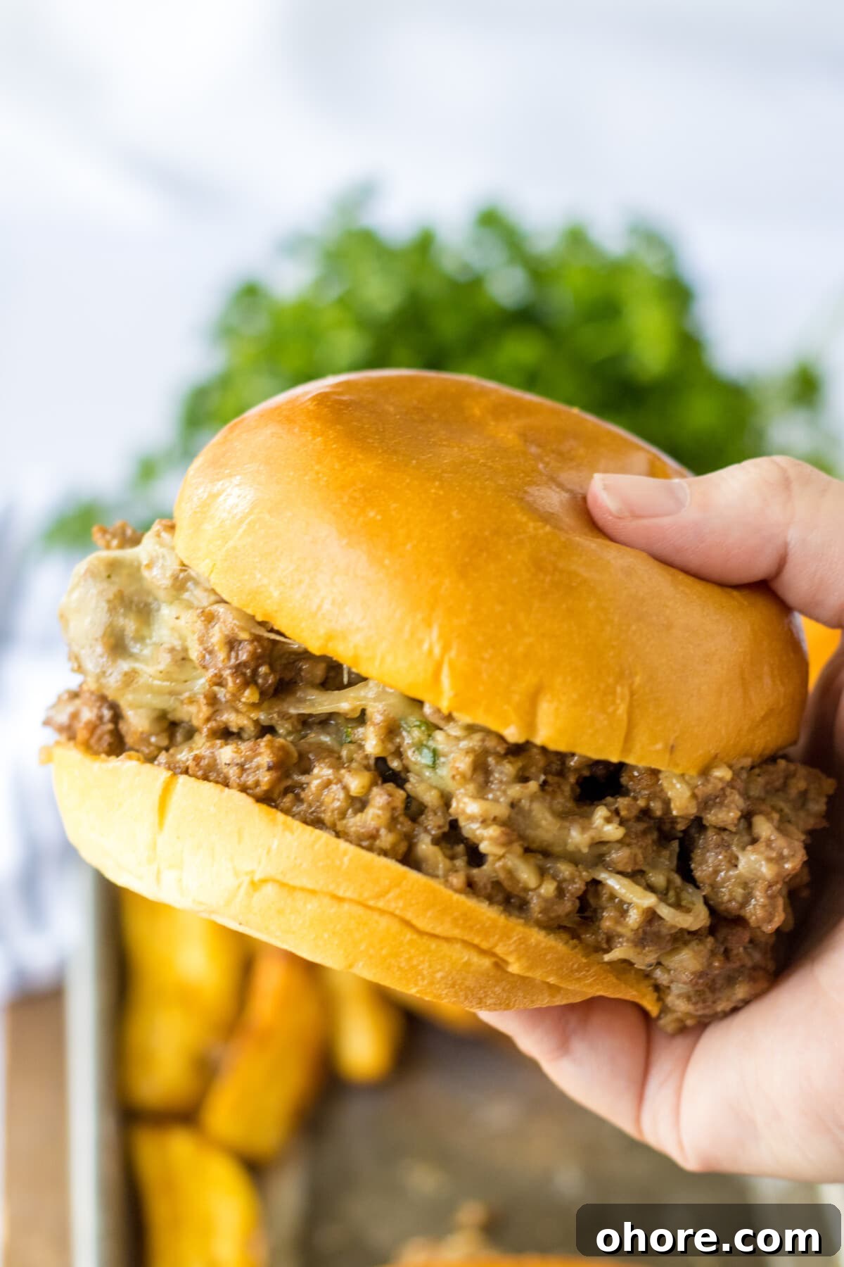 A hand holding a French Onion Sloppy Joes.