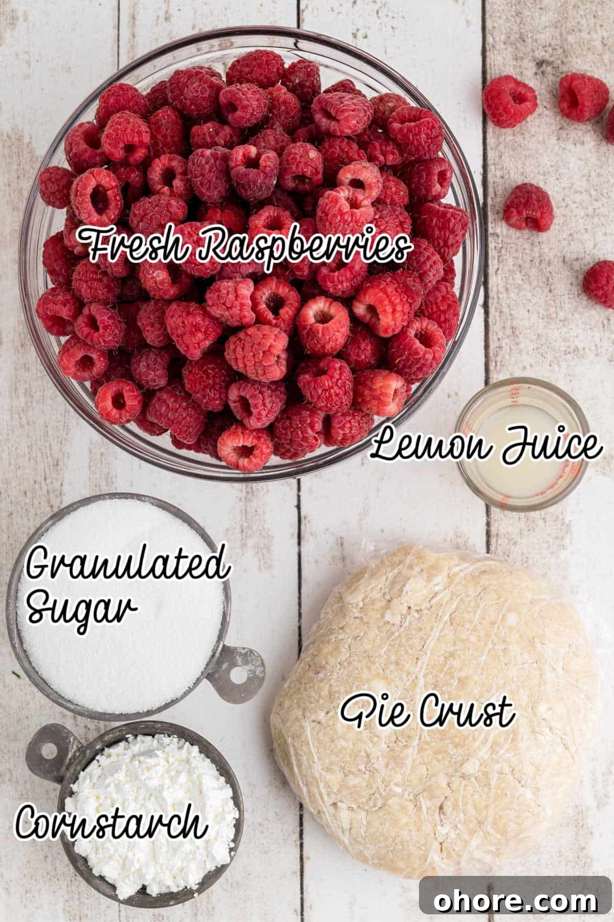 Homemade Raspberry Pie Recipe: Flaky Crust & Fresh Filling 3 Overhead shot of ingredients needed to make a raspberry pie, with text overlay.