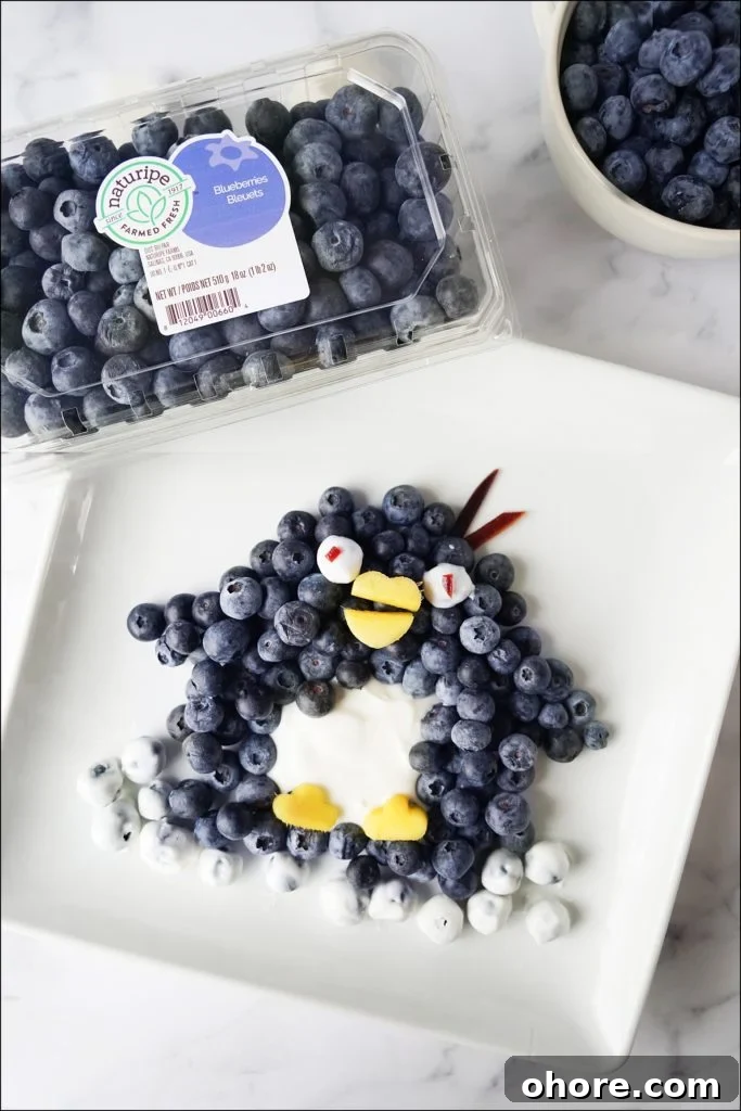 penguin made from blueberries on a white plate