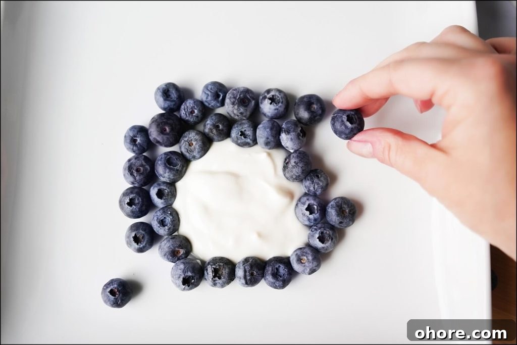 Building the blueberries around the yogurt belly