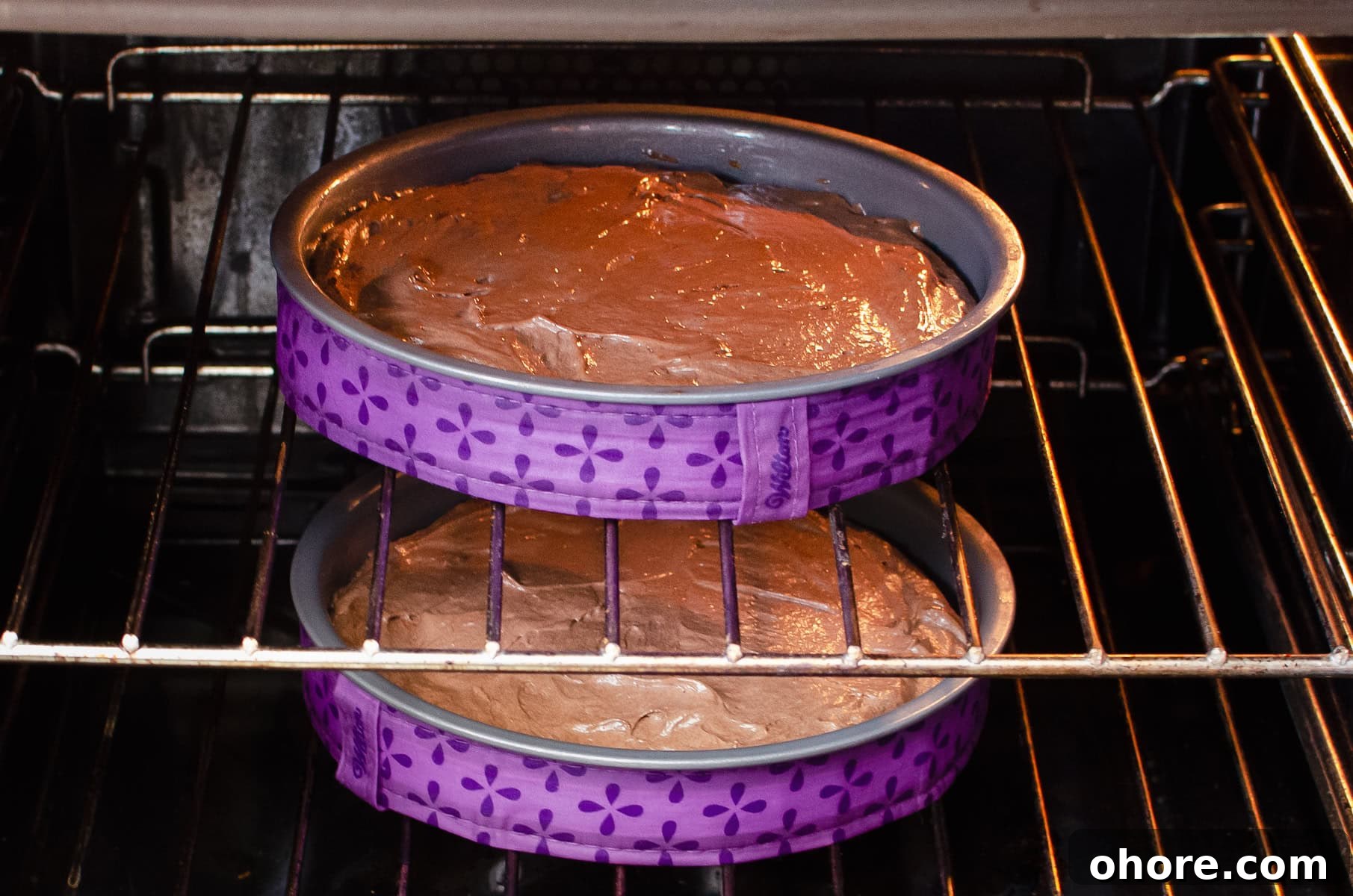 Oven Temperature Converter: °C to °F, Fan to Gas Mark Guide 5 Chocolate Victoria sponge cooking in sandwich tins on two oven shelves.