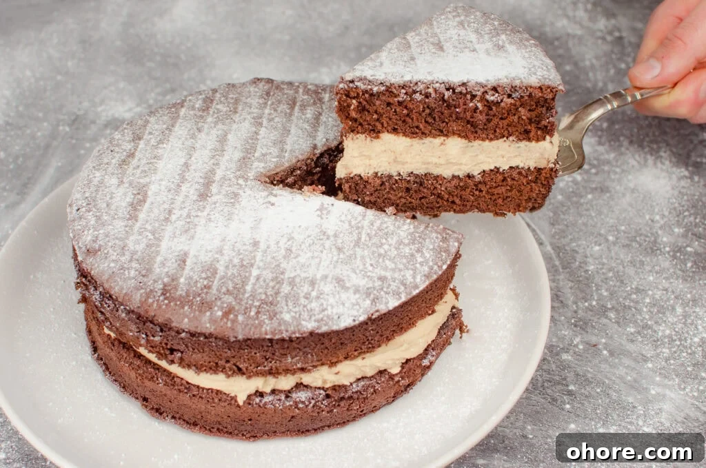 Oven Temperature Converter: °C to °F, Fan to Gas Mark Guide 6 Chocolate Victoria cake with chocolate cream and a slice removed