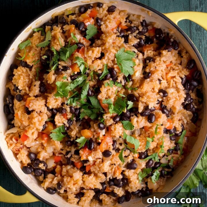 A pot filled with Gallo Pinto, warm and ready to eat.