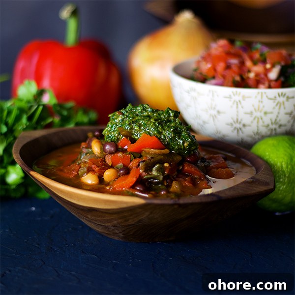 Vegetarian Chili with Fresh Pico de Gallo and Chimichurri 3 Vegetarian Chili with chimichurri sauce.