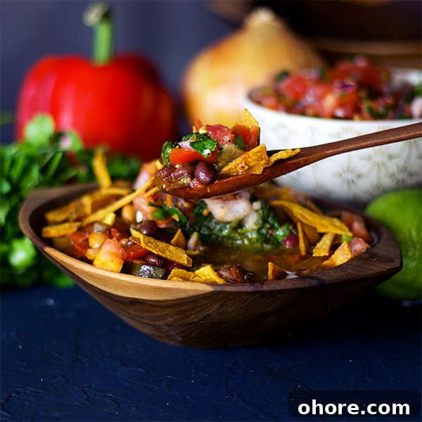 Vegetarian Chili with Fresh Pico de Gallo and Chimichurri 6 Taking a bite of vegetarian chili with pico de Gallo and fried tortilla strips.