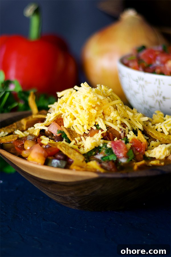 Vegetarian Chili with Fresh Pico de Gallo and Chimichurri 7 Vegetarian chili with pico de Gallo, cheese, and fried tortilla strips.