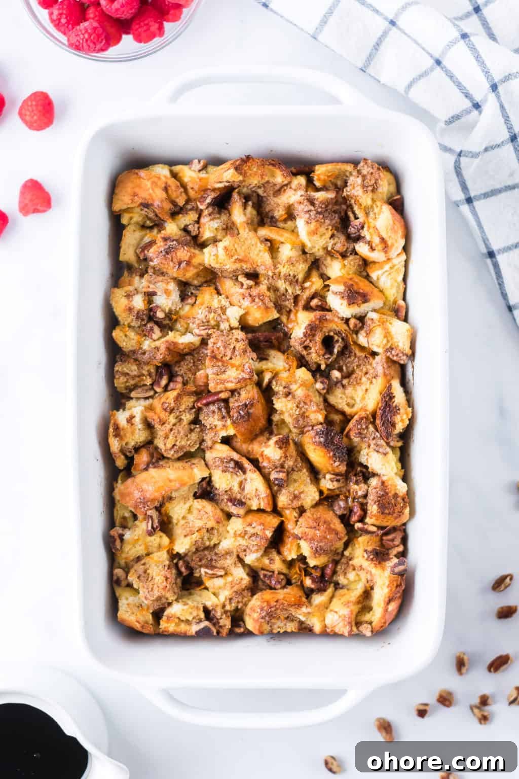 Festive Christmas Casserole Recipes for Holiday Gatherings 5 Top down view of the baked french toast casserole