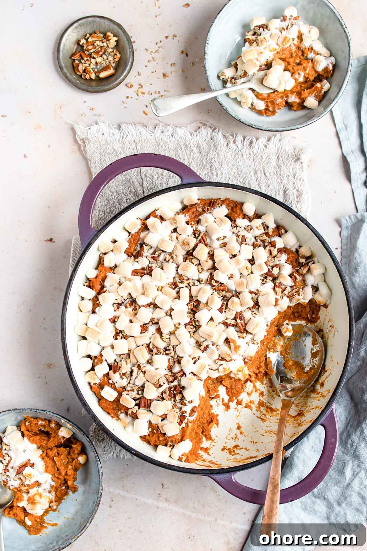 Festive Christmas Casserole Recipes for Holiday Gatherings 6 Top down view of the finished sweet potato casserole with a serving removed