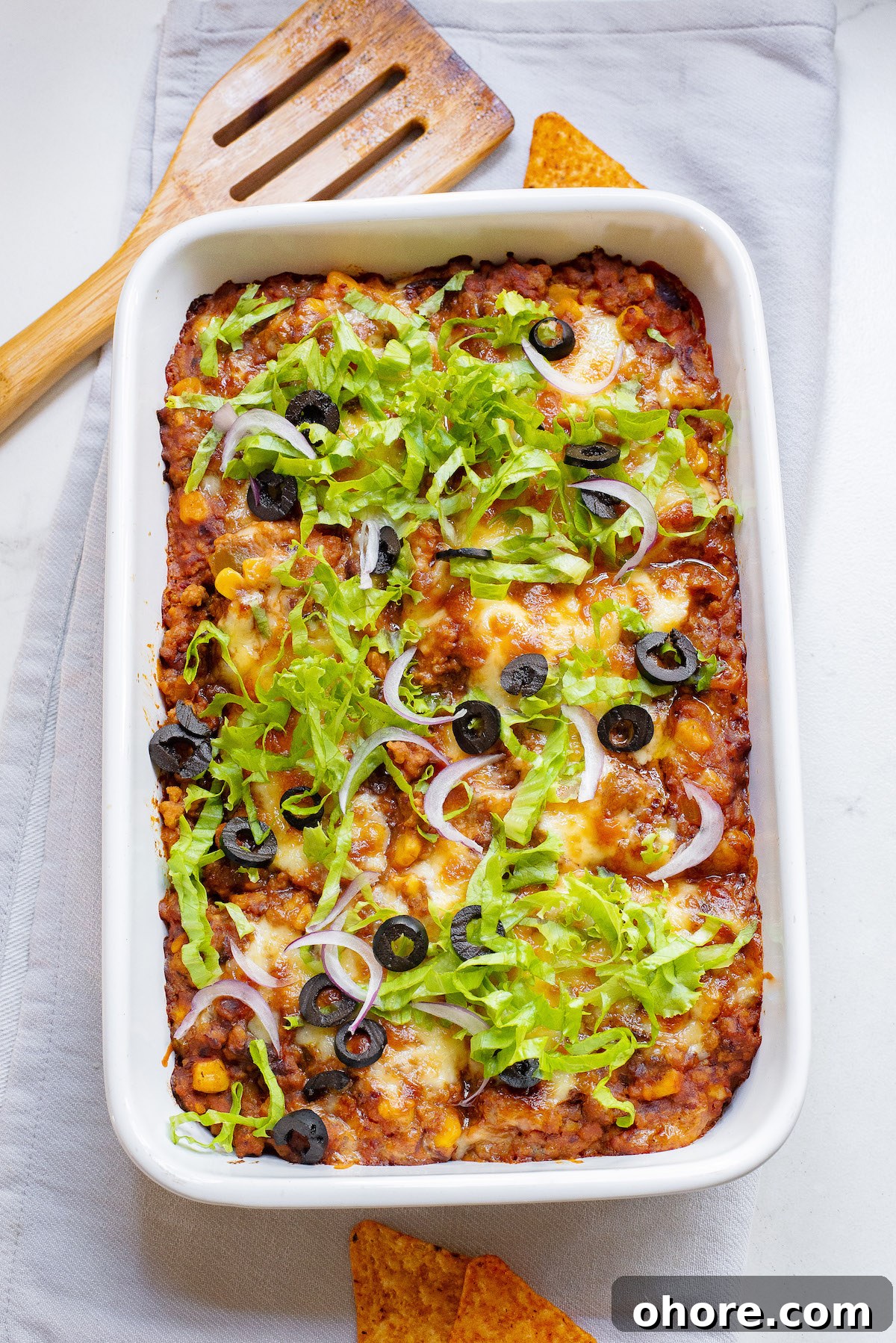 Festive Christmas Casserole Recipes for Holiday Gatherings 10 Top down view of the finished taco casserole