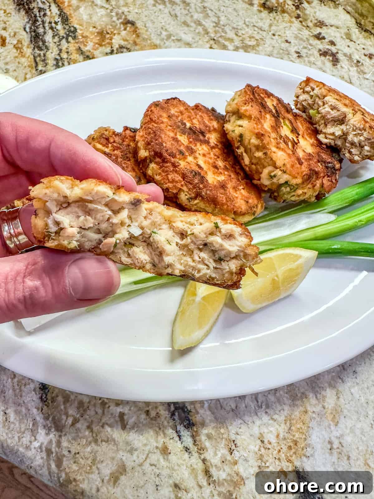A salmon patty cut in half and held in a hand over a plate.