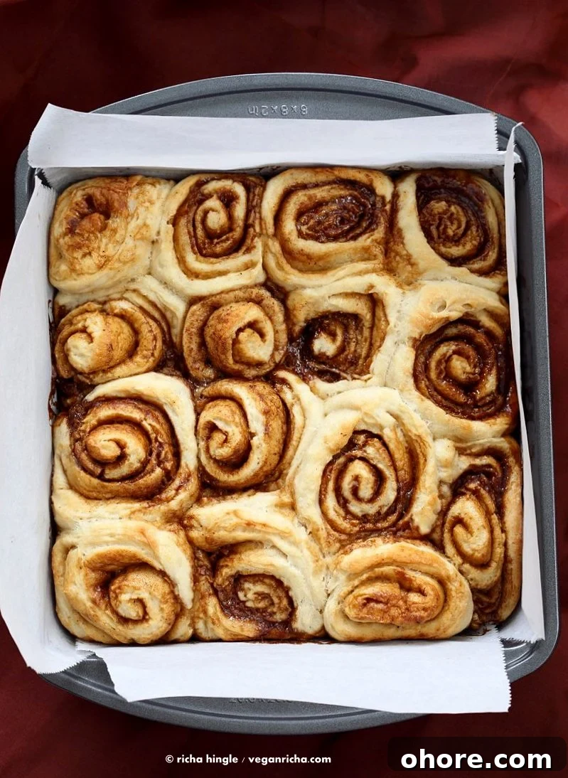1-Hour Vegan Cinnamon Rolls Made with Aquafaba 9 Golden baked cinnamon rolls.