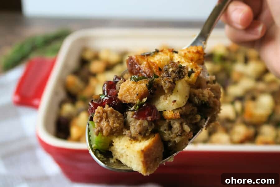 bite shot of the sausage stuffing with apples, cranberries, and herbs