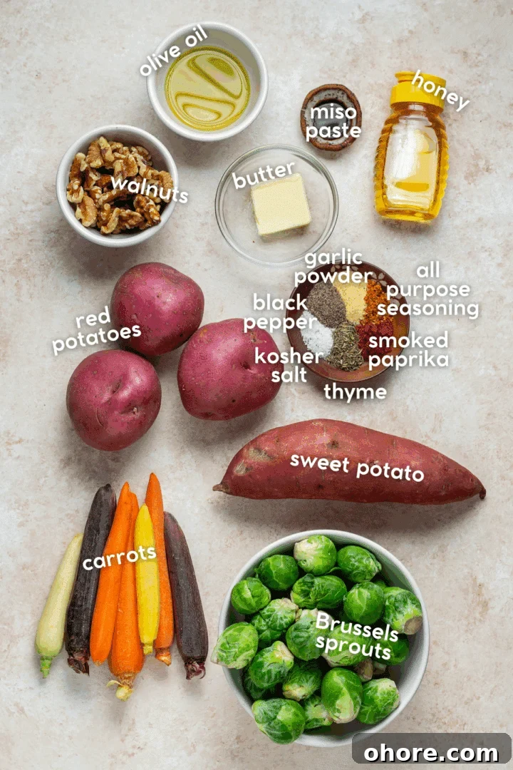 Honey-Roasted Vegetables with Miso Glaze and Crunchy Walnuts 3 picture of the ingredients needed to make honey roasted vegetables