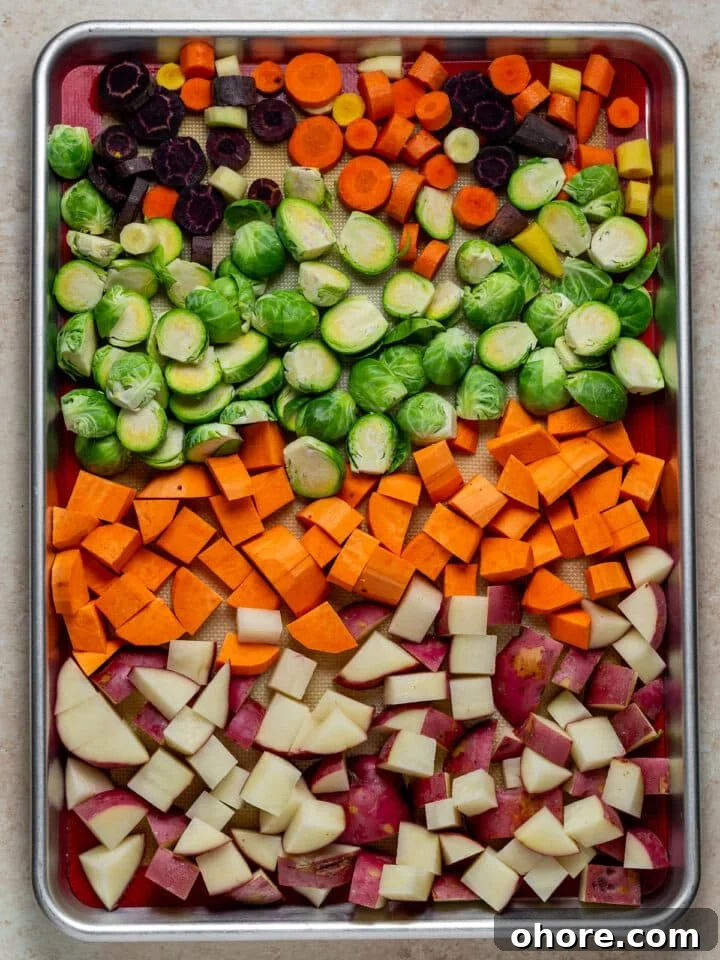Honey-Roasted Vegetables with Miso Glaze and Crunchy Walnuts 4 chopped veggies on a sheet pan