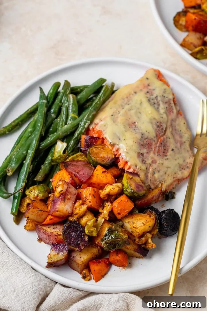 Honey-Roasted Vegetables with Miso Glaze and Crunchy Walnuts 9 white plate with glazed salmon, lemon green beans and honey roasted vegetables