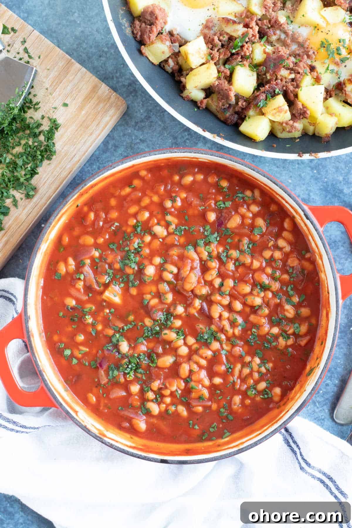 Authentic Homemade British Baked Beans Recipe for Breakfast 5 A pan of homemade baked beans.