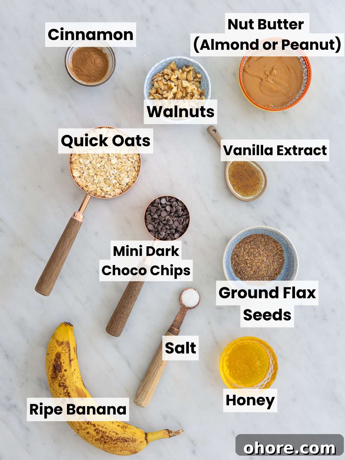 No-Bake Banana Bread Energy Balls — One-Bowl, No Blender Recipe 3 Ingredients arranged in small bowls on marble surface with natural window light.