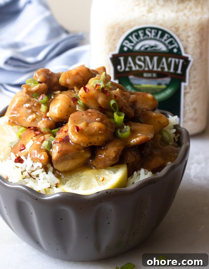 30-Minute Caramel Chicken Recipe for Weeknight Dinners 2 A picture of a bowl of rice topped with caramel chicken