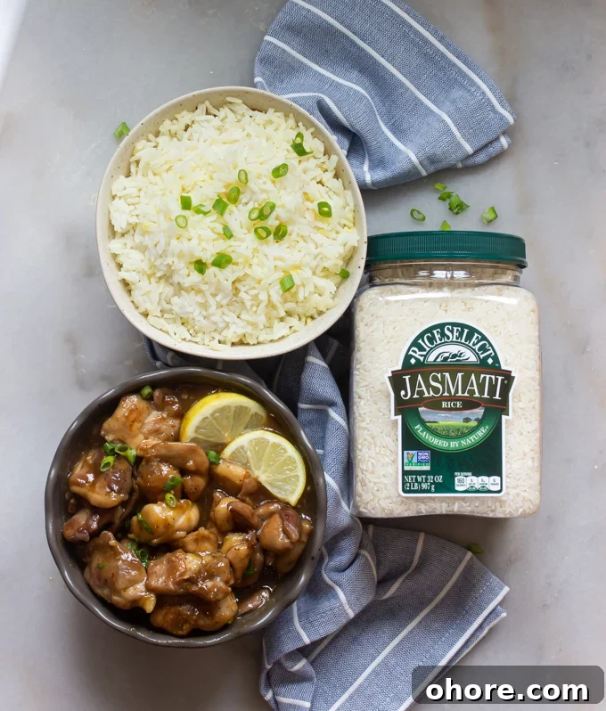 30-Minute Caramel Chicken Recipe for Weeknight Dinners 7 a bowl of RiceSelect Jasmine Rice and a bowl of caramel chicken
