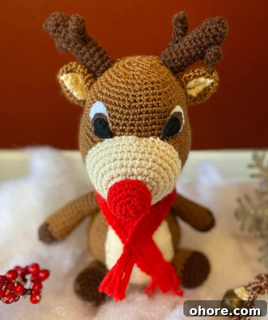 Free Rudolph the Red-Nosed Reindeer Crochet Pattern Guide 5 Rudolph with snow, bells, and holly berries.
