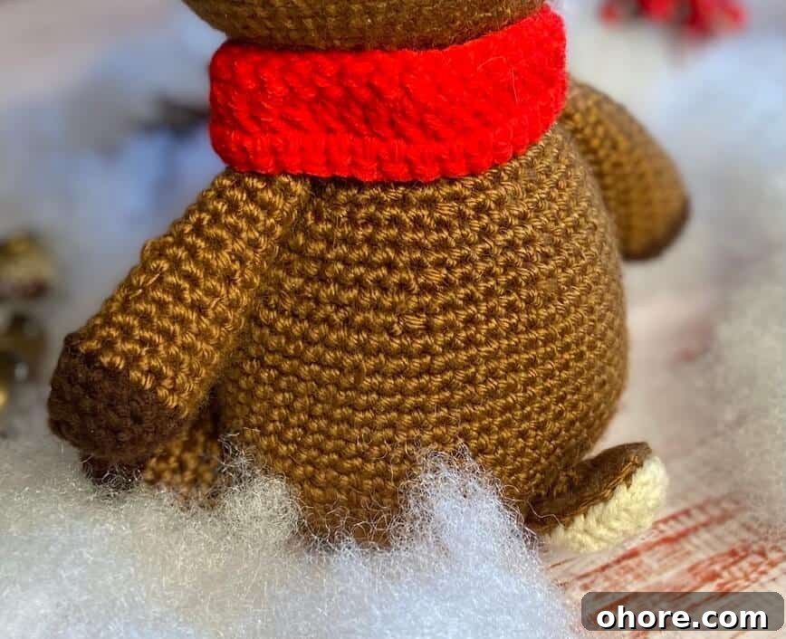Free Rudolph the Red-Nosed Reindeer Crochet Pattern Guide 6 Back of doll, with tail.