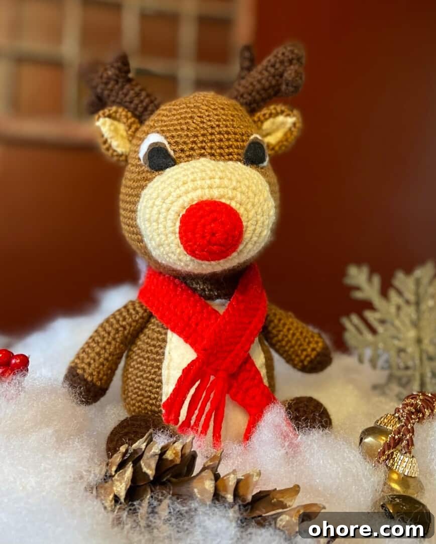 Free Rudolph the Red-Nosed Reindeer Crochet Pattern Guide 7 Rudolph with snow, pine cones, and sleigh bells.