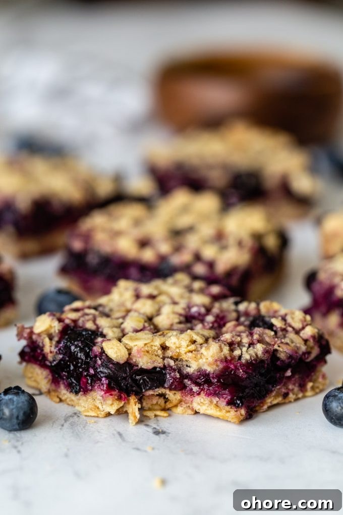 blueberry crumble bars with blueberries around