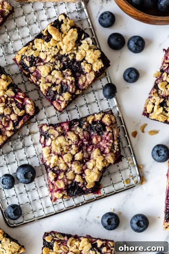 blueberry crumble bars on a silver rack with blueberries around