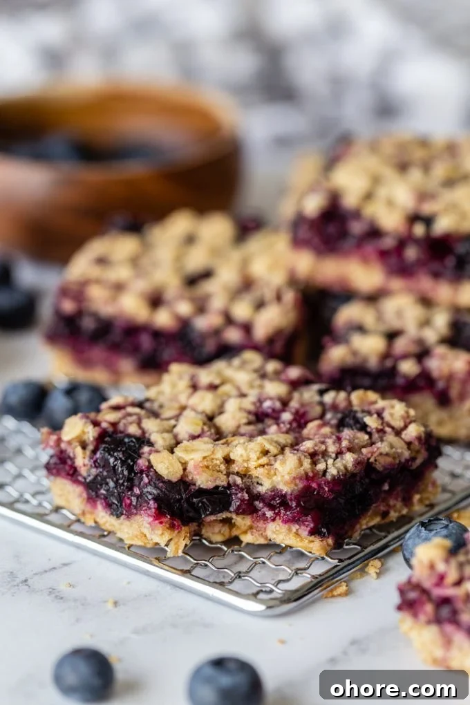 blueberry crumble bars on a silver rack with blueberries around