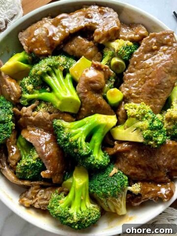 overhead shot of PF Chang's beef and broccoli in plate.
