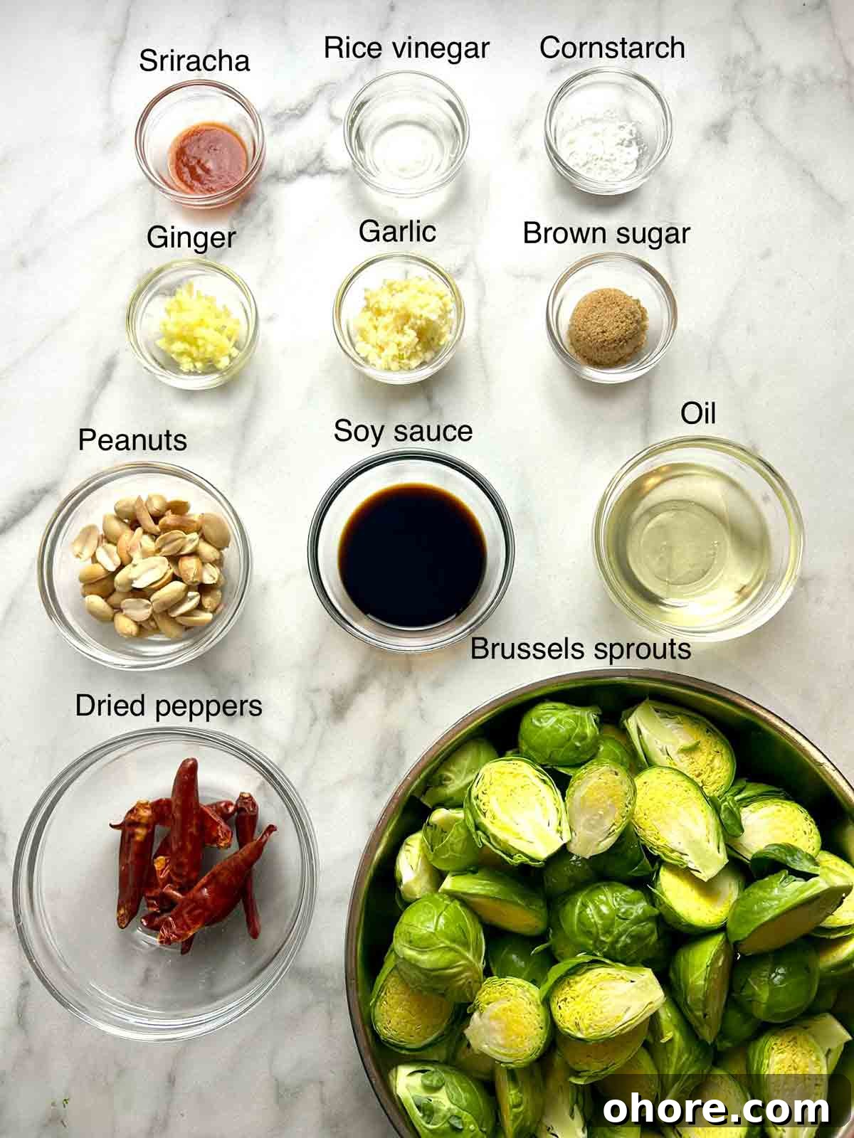 PF Chang's-Style Kung Pao Brussels Sprouts Recipe 3 ingredients prepped in bowls.