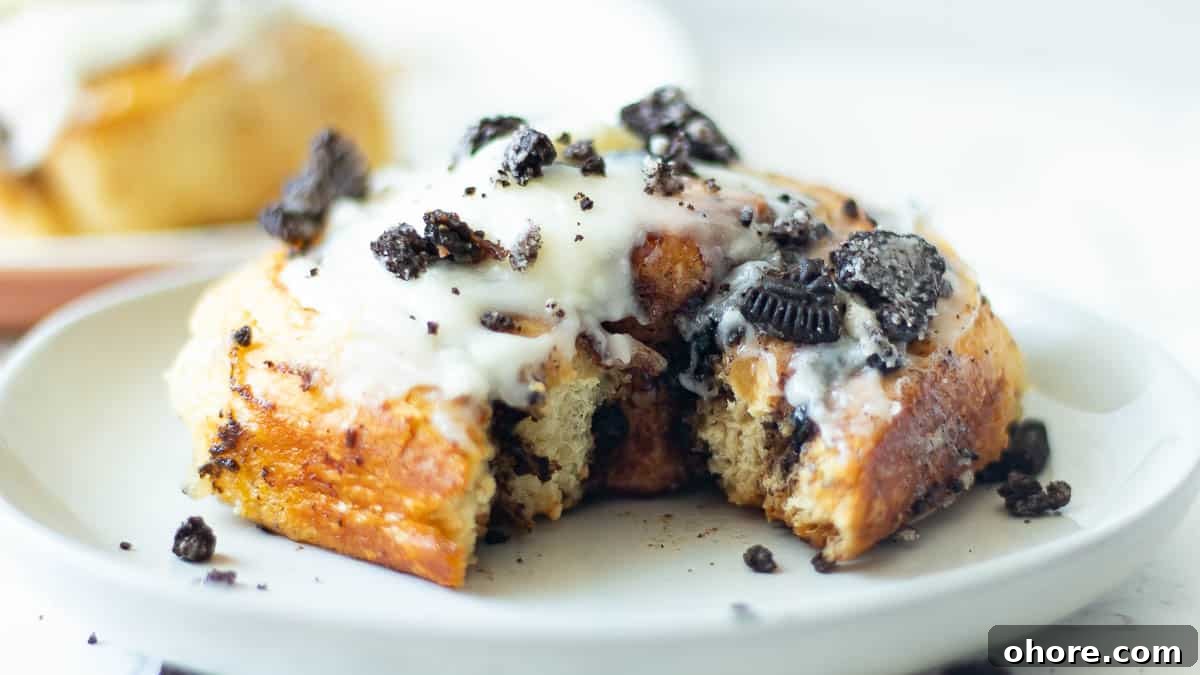 Oreo cinnamon rolls (flavor packed) with a bite taken out