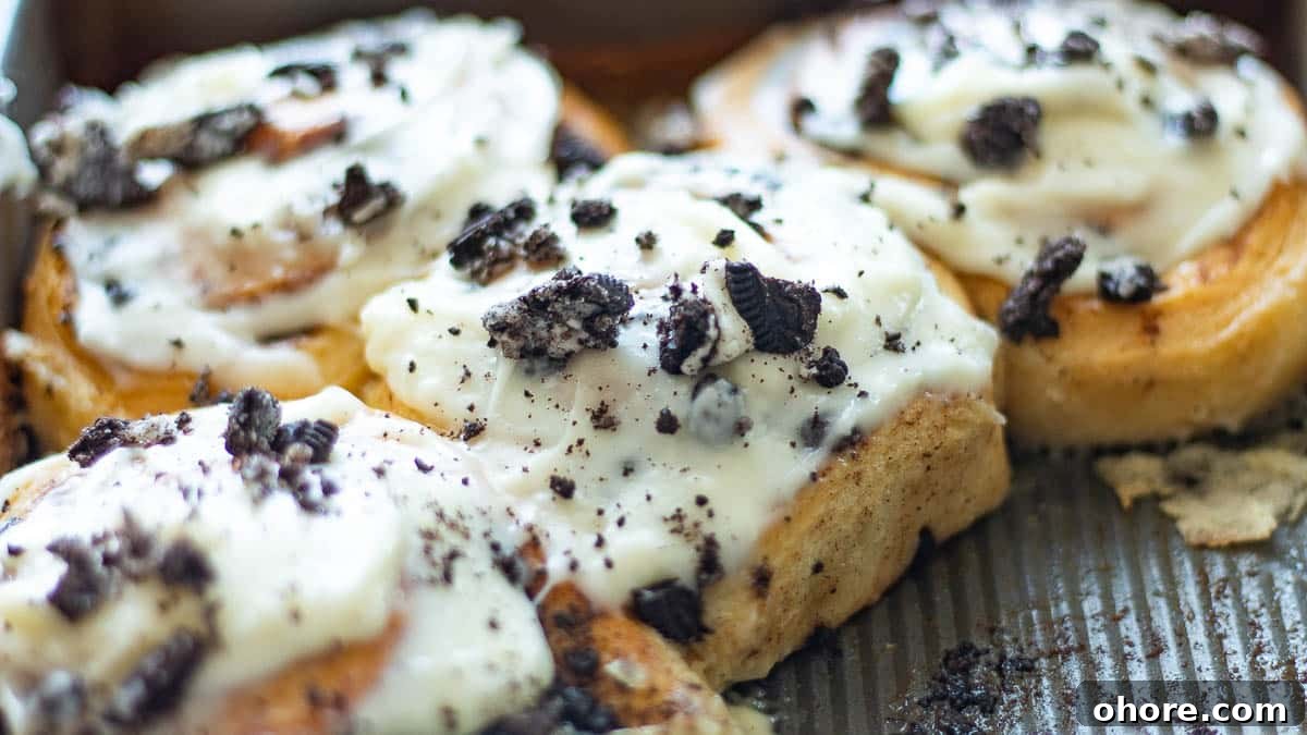 closeup of Oreo cinnamon rolls in the pan